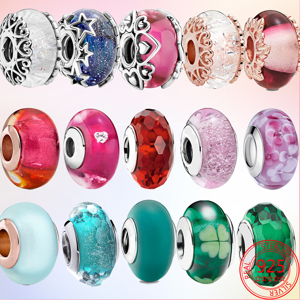 

925 Sterling Silver Dangle Charm Women Beads High Quality Jewelry Gift Wholesale Pink Murano Glass Green Murano Bead Fit Pandora Charms Bracelet DIY