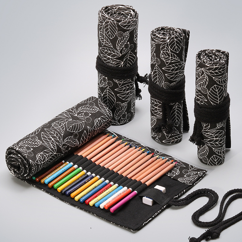 

Black Leaf Canvas Print Pencil Bags Pen Curtain 12 24 36 48 72 Well Large Capacity Sketch Stationery Bag 1223282