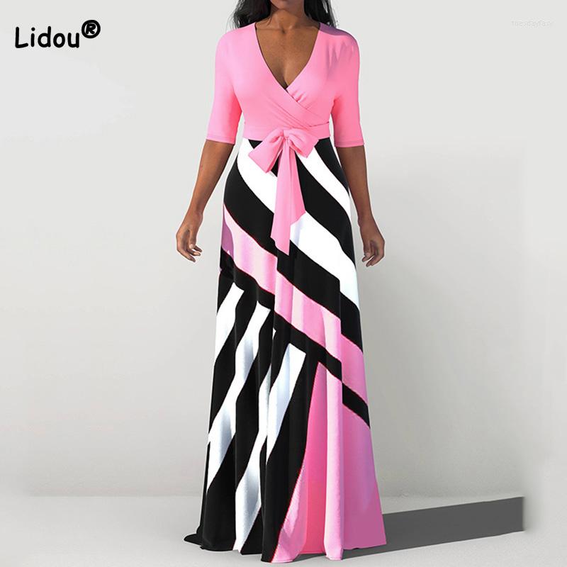 

Plus Size Dresses Autumn Female Clothing Commute V-Neck Geometric Printing Bow Bag Hip A-line Skirt Half Sleeve Bandage Maxi Dress, Black