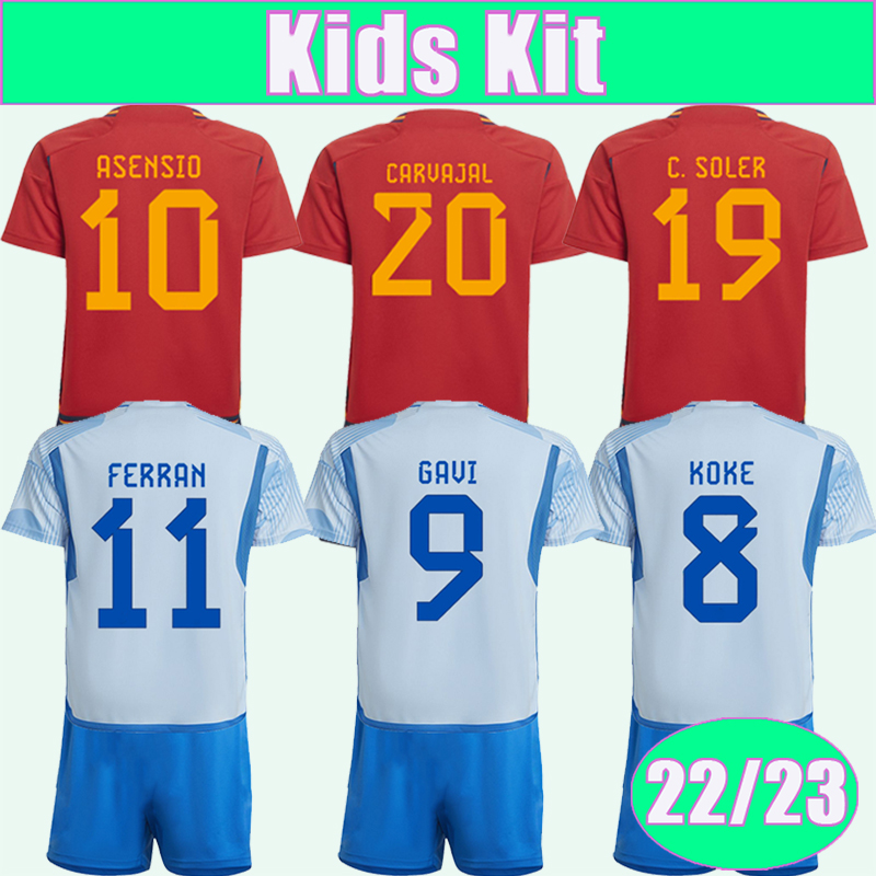 

22 23 KOKE GAVI Kids Kit Soccer Jerseys ANSU FATI FERRAN ASENSIO OLMO SERGIO CARVAJAL LLORENTE R. Home Away Football Shirt Uniforms, Tz10297 22 23 away no socks
