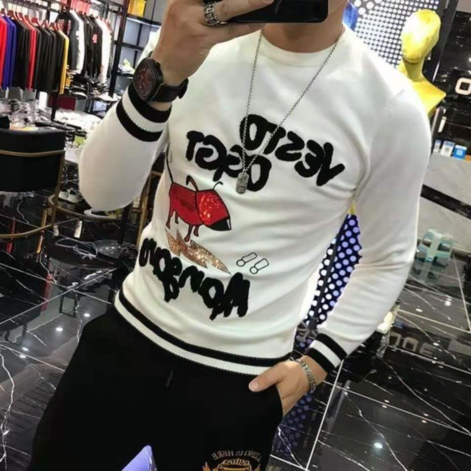 

Mens Designer Sweater Diamond O Neck Bolt Dog Spring Pullover Tops Embroidery Fashion Freestyle Jumper Hip Hop, White