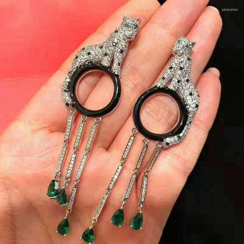 

Dangle Earrings 925 Silver Paved Zircon Stone Leopard Tassel Drop Earring Panther Animal Water For Women Wedding Jewelry