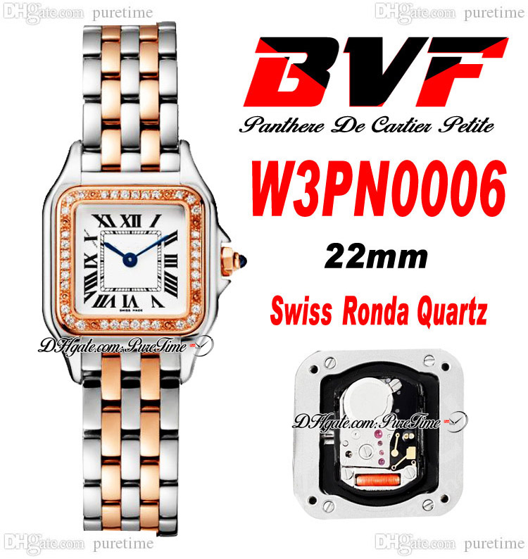 

BVF W3PN0006 Swiss Ronda Quartz Ladies Watch 22mm Diamonds Bezel Two Tone Rose GOLD White Dial Black Roman Stainless Steel Bracelet Womens Super Edition Puretime F6, Enhanced waterproofing service