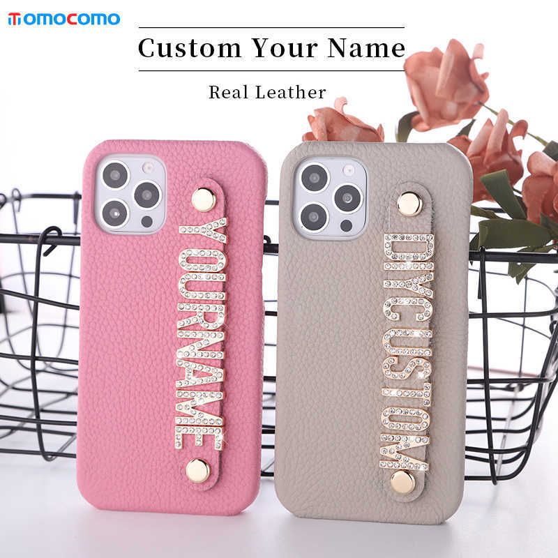 

Cell Phone Cases Custom Name Real Cowhide Leather Case For i 11 12 13 Pro Mini Max 14 14ProMax 14PRO Diamond Metal Letters Cover Coque W221014, Pink