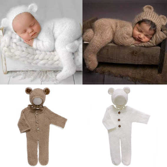 Robes de baptême 2pc / set Nouveau-né Photographie Props Barboteuse Combinaison Crochet Chapeau Laine Bébé Garçon Fille Tenue Bébé Animal Photo P