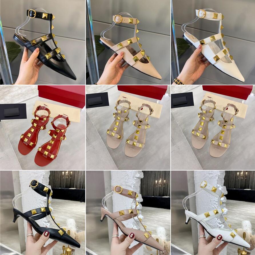 

New Rivets High Heel Sandals Thin Heel Genuine Leather Straight Toe Women's Shoes Fairy Fashion Flat Bottom Sandal with Box Size 35-44