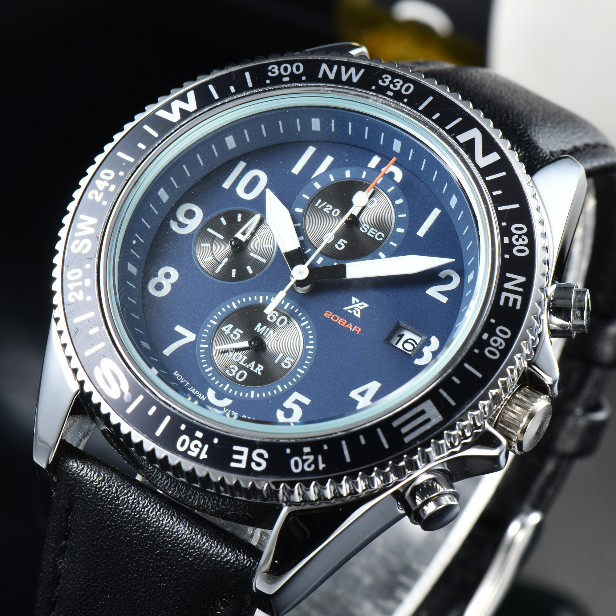 

Luxury Watch Leather Quartz Watch Fashion Business Multifunction Chronograph Top Sports Men's relojes hombre, Black