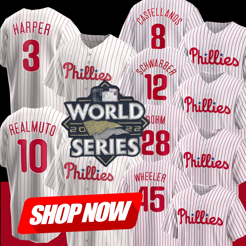 

2022 World Series Jerseys Phillies 12 Kyle Schwarber Castellanos Realmuto Rhys Hoskins Philadelphia Nola 49 Arrieta Hector Neris Wheeler Gregorius Alec Bohm 3, Style as picture
