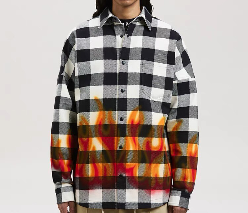 

2022 Europe USA Check Cotton Fire Print Tee Autumn Long Sleeve Casual Shirt, Gray