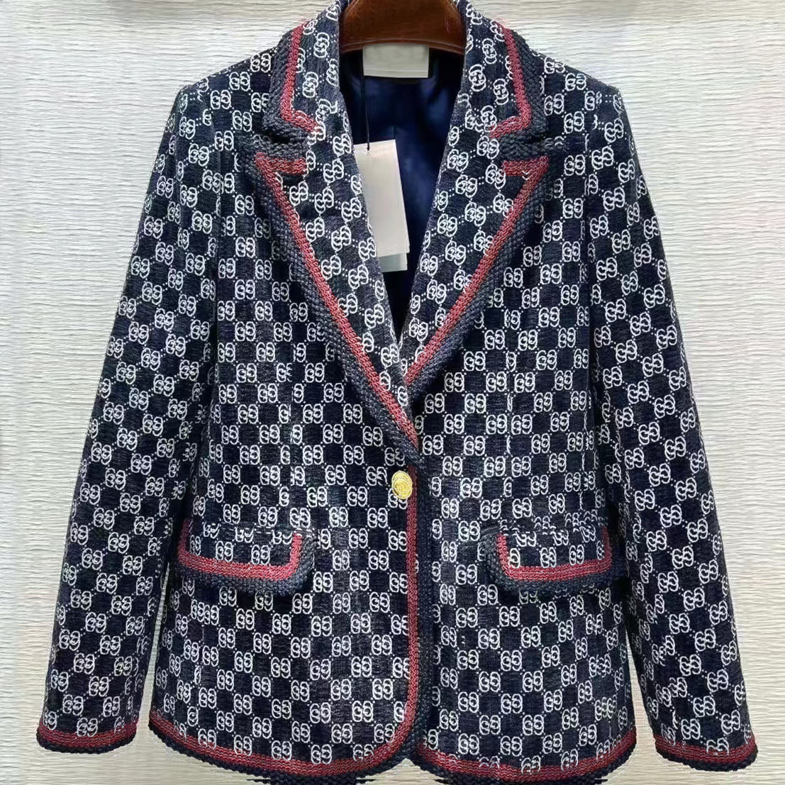 

Women' designer blazers Clothing with full letters tweed spring new released tops E697UDX, Navy blue