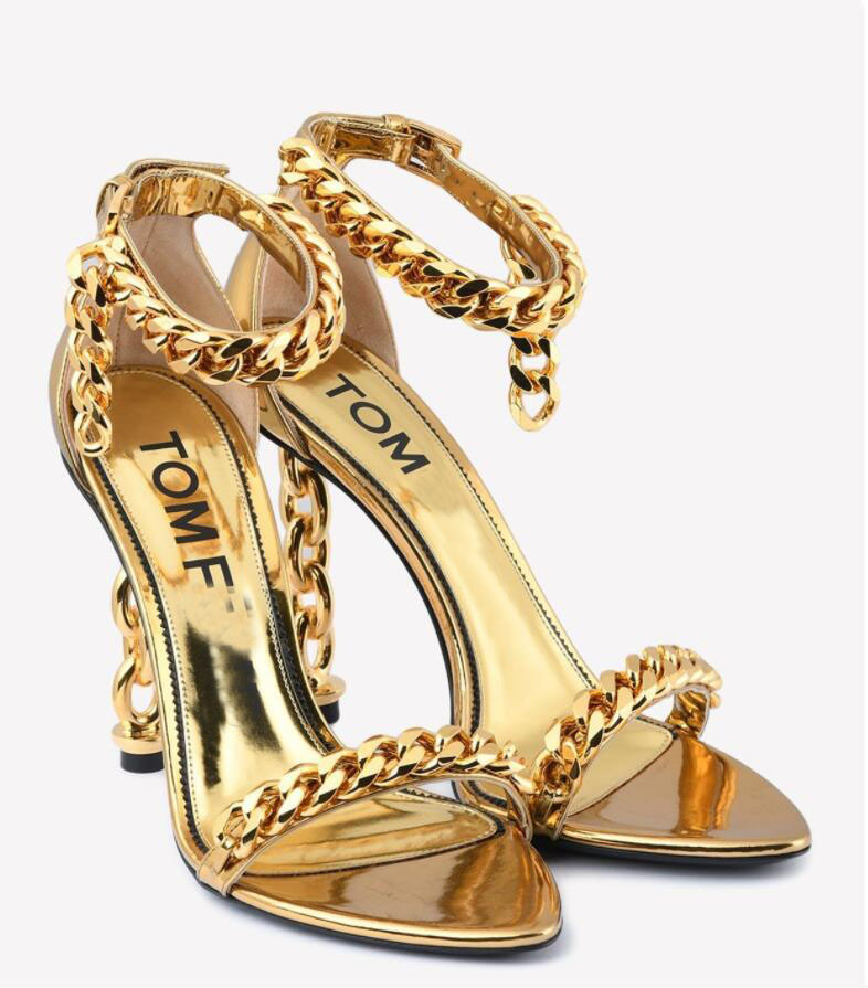 

Luxury brand tom-fords-sandal padlock sandal Women high heel shoes Mirror leather chain-link detailed 105mm heel sandals ankle strap pumps with box