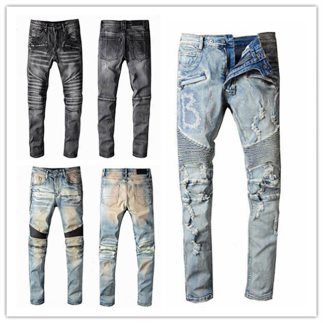 Mens Designer Jeans Distressed Ripped Biker Slim Fit Motorcycle Denim Classic hip hop hole rock Joggers Washed Pleated trousers Pants Cool Street