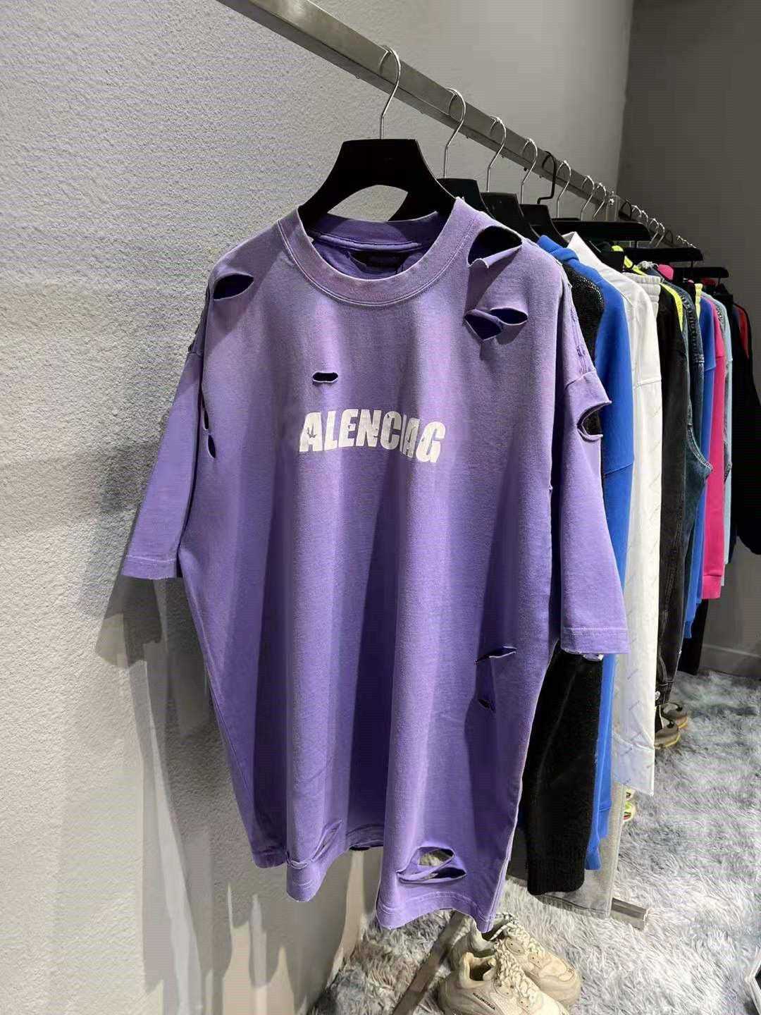 Fashion Brand Designer T Shirt High Quality Letter Perforated Short Sleeve Loose Casual Men&#039;s Clothing Purple-image-810516736