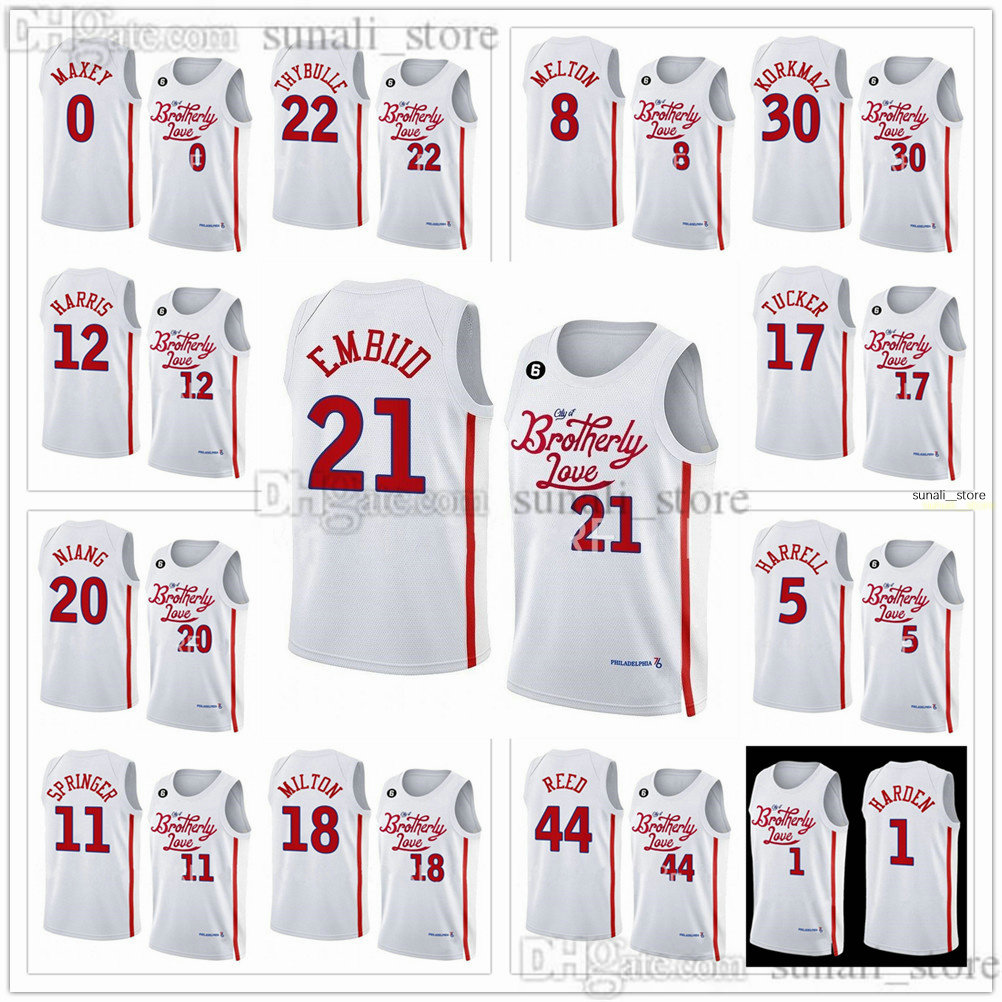 

2022-23 City Brotherly Love Basketball Joel 21 Embiid Jerseys James 1 Harden Tobias 12 Harris Tyrese 0 Maxey Matisse 22 Thybulle 8 Melton 20 Niang 17 Tucker Edition, White