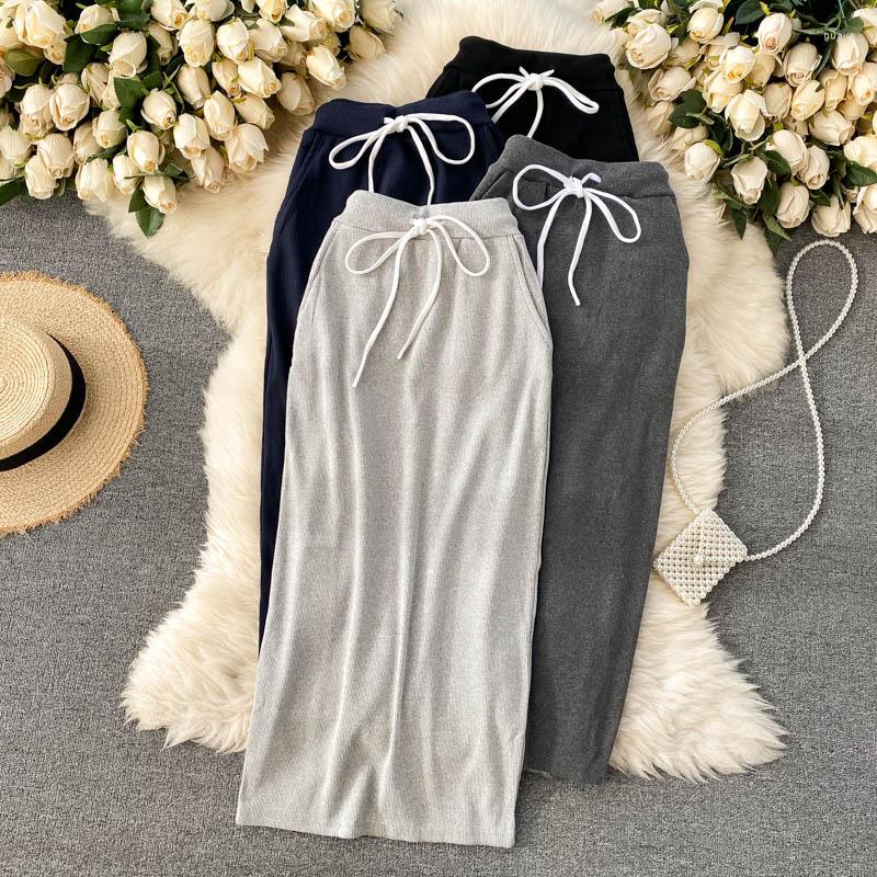 

Skirts 2022 High Waist Casual Women Summer Stretchy Pockets Long Slim Pencil Skirt Gray Black