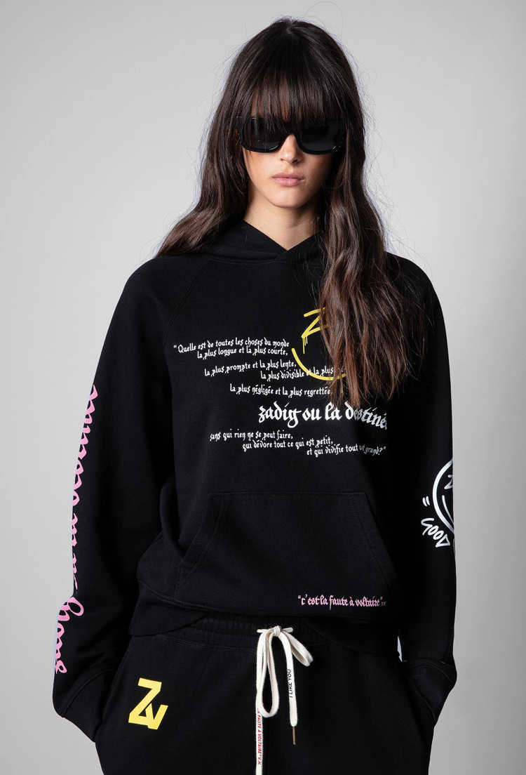 

23ss Zadig Voltaire Women Designer Cotton Fashion Hooded Sweatshirt New Zv Print Letter Printed Fleece Pullover Casual Pants Warm Tracksuit Sweater, Black pants
