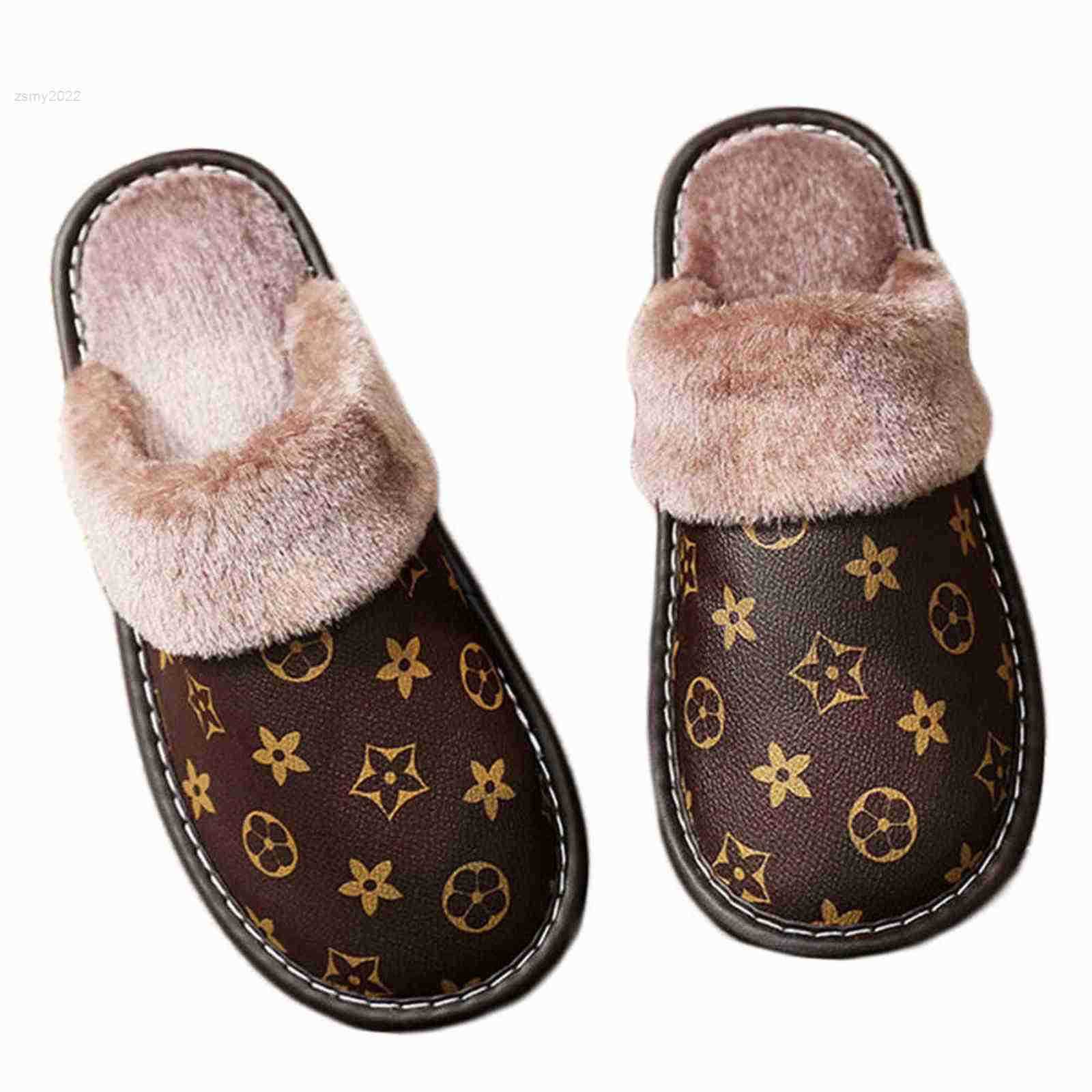 

Unisex PU Leather Slippers Printed Plush Cotton Slipper Women Indoor House Shoes Flat Cozy Home Slippers Winter Warm Flip Flops, Red