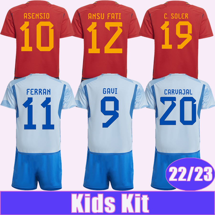 

22 23 KOKE GAVI Kids Kit Soccer Jerseys 2022 World Cup ANSU FATI FERRAN ASENSIO OLMO SERGIO CARVAJAL LLORENTE R. Home Away Football Shirts, Tz11505 22 23 home no socks