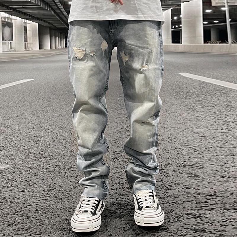 

Pants Hole Distressed Black Blue Washed Men's Jeans Straight Casual Baggy Pockets Pencil Loose Denim Trousers