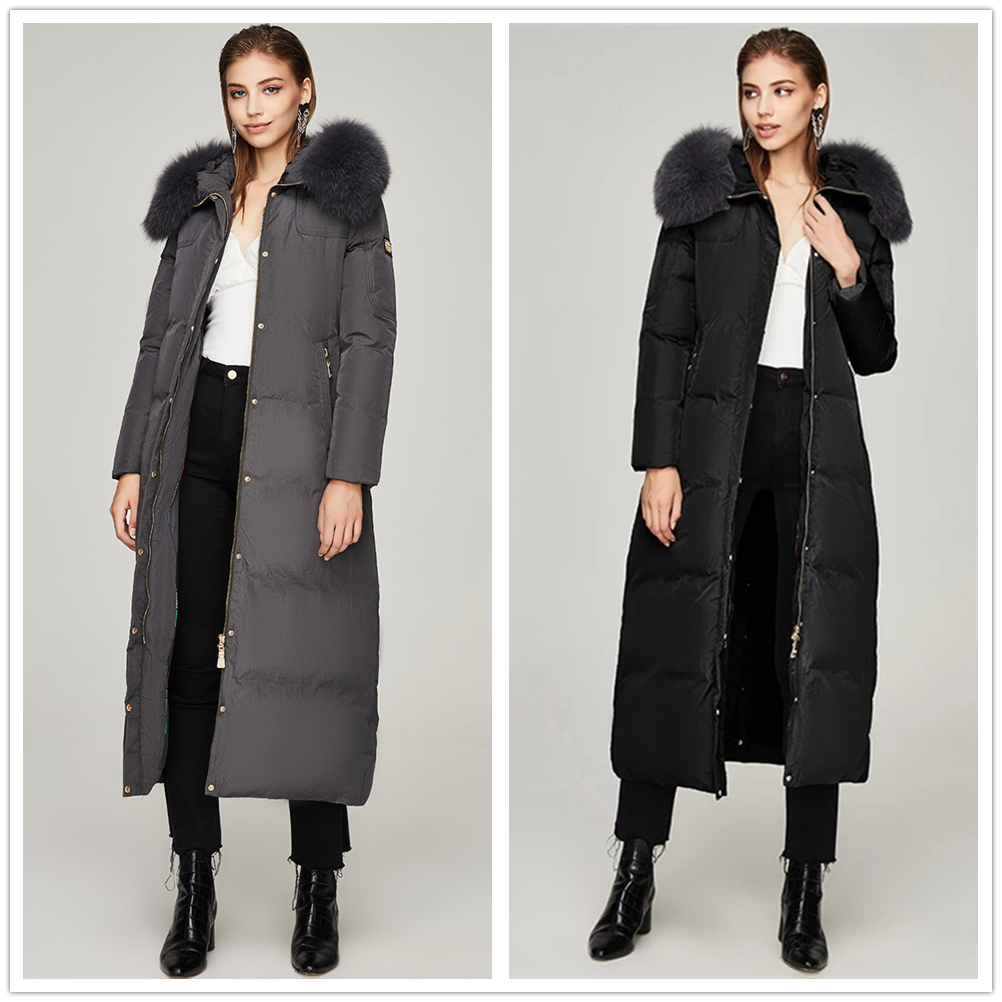 

Collar White Duck Down Jacket Womens Winter Long Section Over-the-knee Thick Coat, Photo style and color