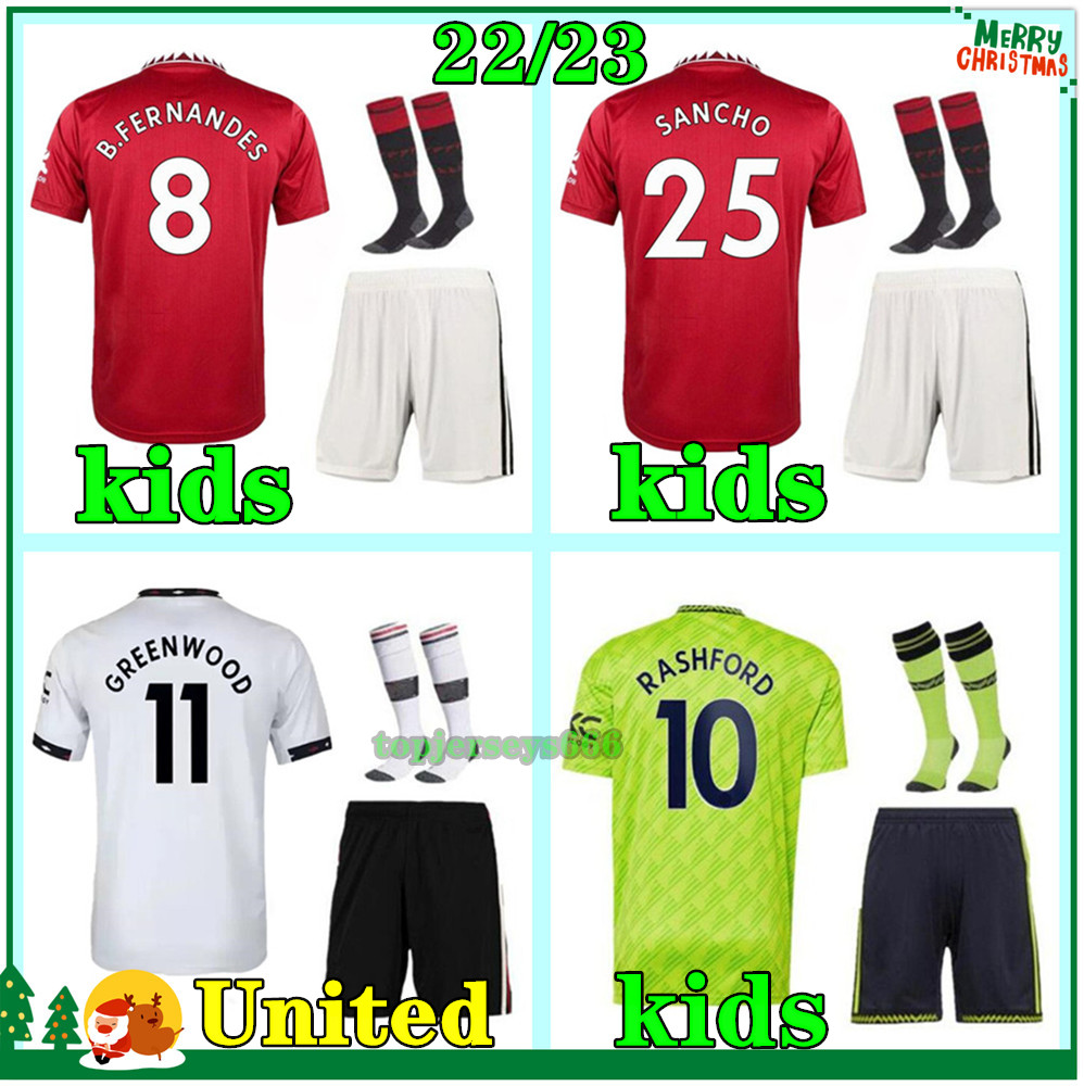 

SANCHO B.FERNANDES ERIKSEN soccer jerseys kids football kit 22 23 MANS MARTIAL RASHFORD Martinez SHAW jersey 2022 2023 kid football shirt set socks, Away (no socks)