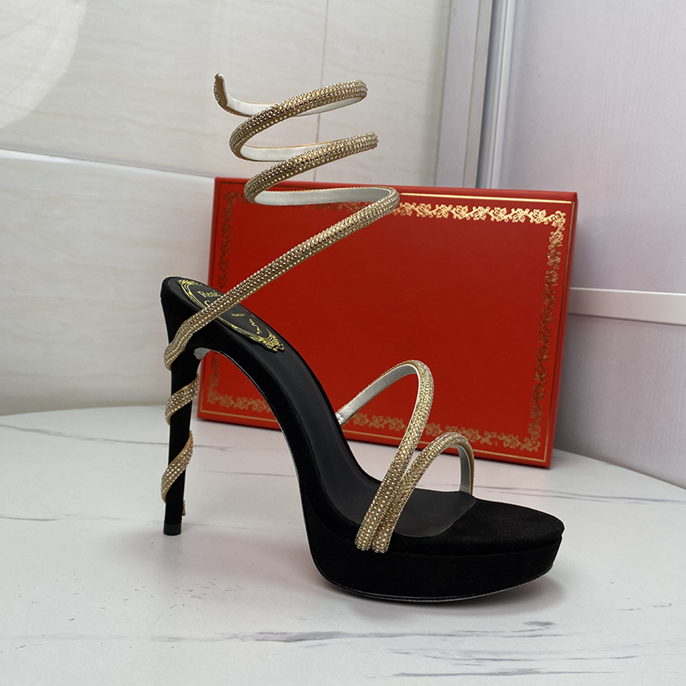 

Platform Sandals Womens Dress Shoes High Heeled Ankle Wraparound Shoe Embellished Snake Strass Stiletto120mm Luxury Designers factory footwear, Gifts are not sold separately