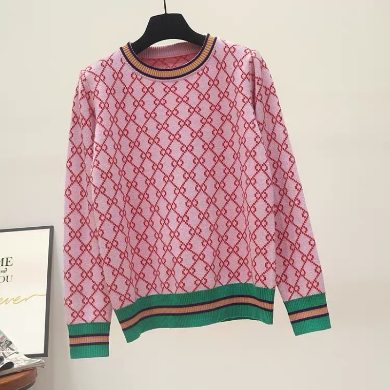 Nouveau pull en tricot ample Style coréen pull col rond géométrique choc Jacquard décontracté concepteur chandails pull rose pull