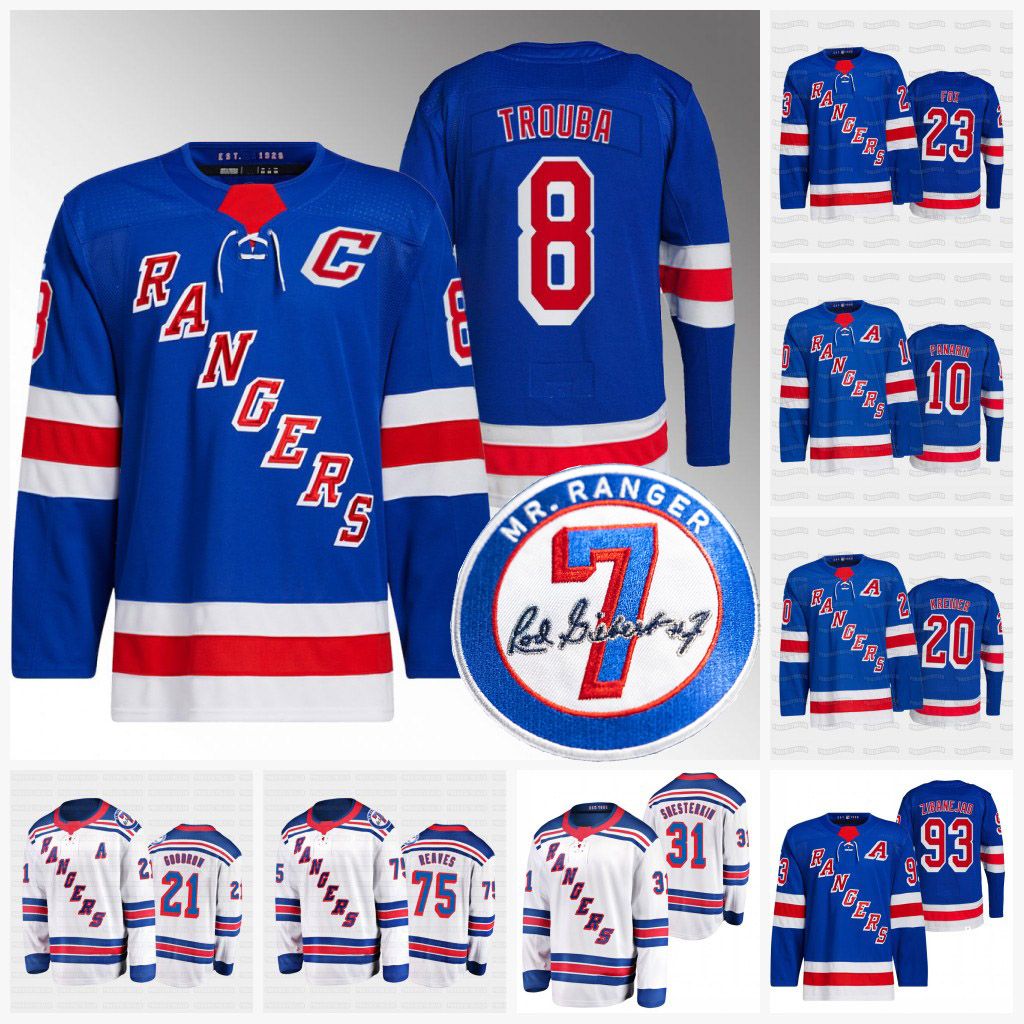 

College wear Jacob Trouba Captain 2022 Rangers Jersey Mika Zibanejad Adam Fox Igor Shesterkin Chris Kreider Artemi Panarin New York Lafrenie, 7th patch home jersey mens s-3xl
