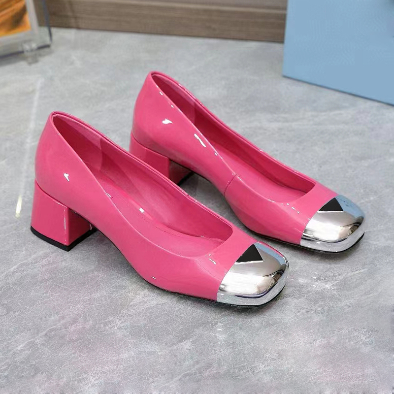 

Women's high-heeled shoes Luxury designer Classic leather square head metal triangle iron decorative dressshoes Wedding party fashion Yuefu shoes, Nude