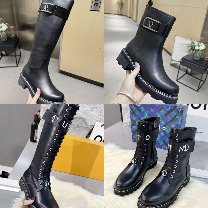 

2022 designer women Lacing strap knee-high boots Fashion sexy genuine leather Letters Side zipper highs Boots Autumn winter lady Round head Midheel Shoes sizes 35-42, 10
