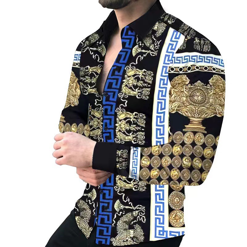 Spring Autumn Winter Ethnic style Letter Print Shirts Men Gradient Long Sleeve Casual Shirt Slim Business Social Dress Shirt Party Tuxedo Blouse