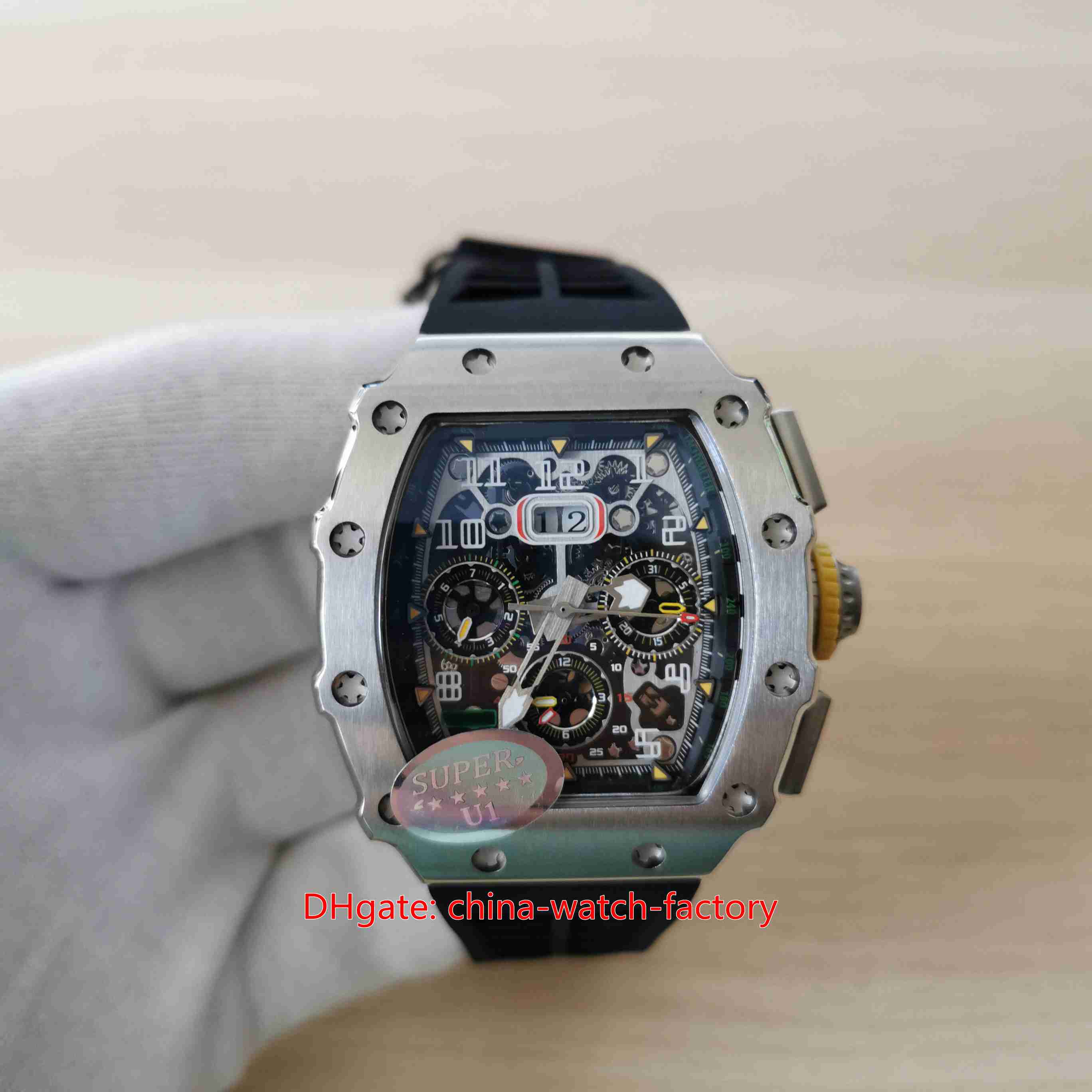 Montre pour hommes de vente chaude de haute qualité 44 mm x 50 mm RMs11-03 Calendrier Flyback squelette en acier inoxydable Verre saphir Transpar