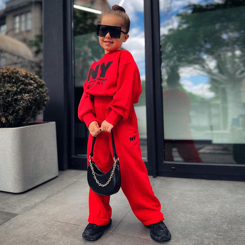 

fall fashion kids girl set casual long-sleeved letter printed pullover and trousers 2 pieces, As picture