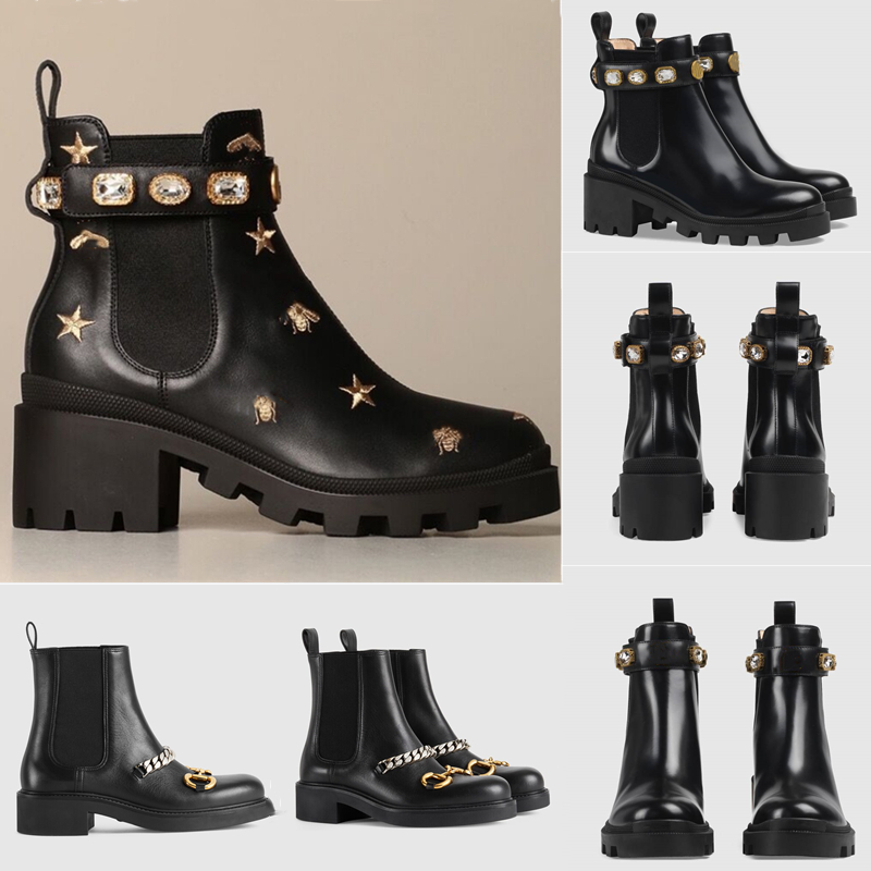 

Women Ankle Boots PU Patent Leather Chunky Block Low Heel Rubber Vintage Rhinestone Designer Fashion Booties Slip On Dress Shoes