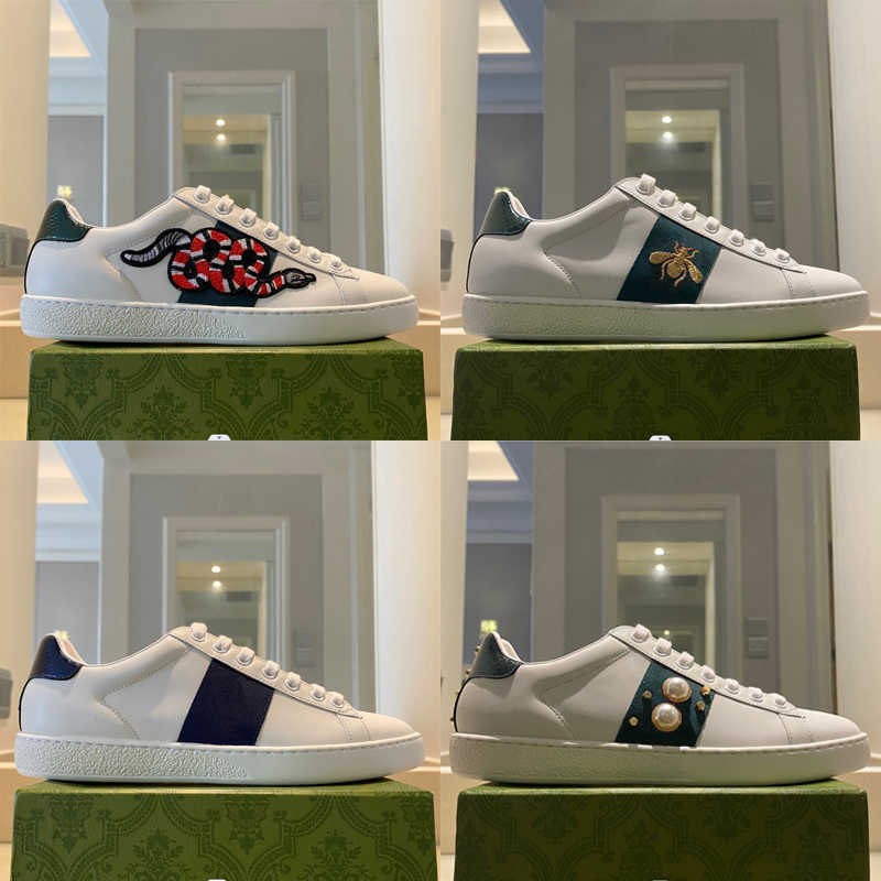 

Best Women Shoes Snake Embroidered Ace Leather Sneaker Low-top Leather Trainers White Rubber Bottom Crystal Stripes Pattern Casual Shoes Big Size 36-48 With Box NO9