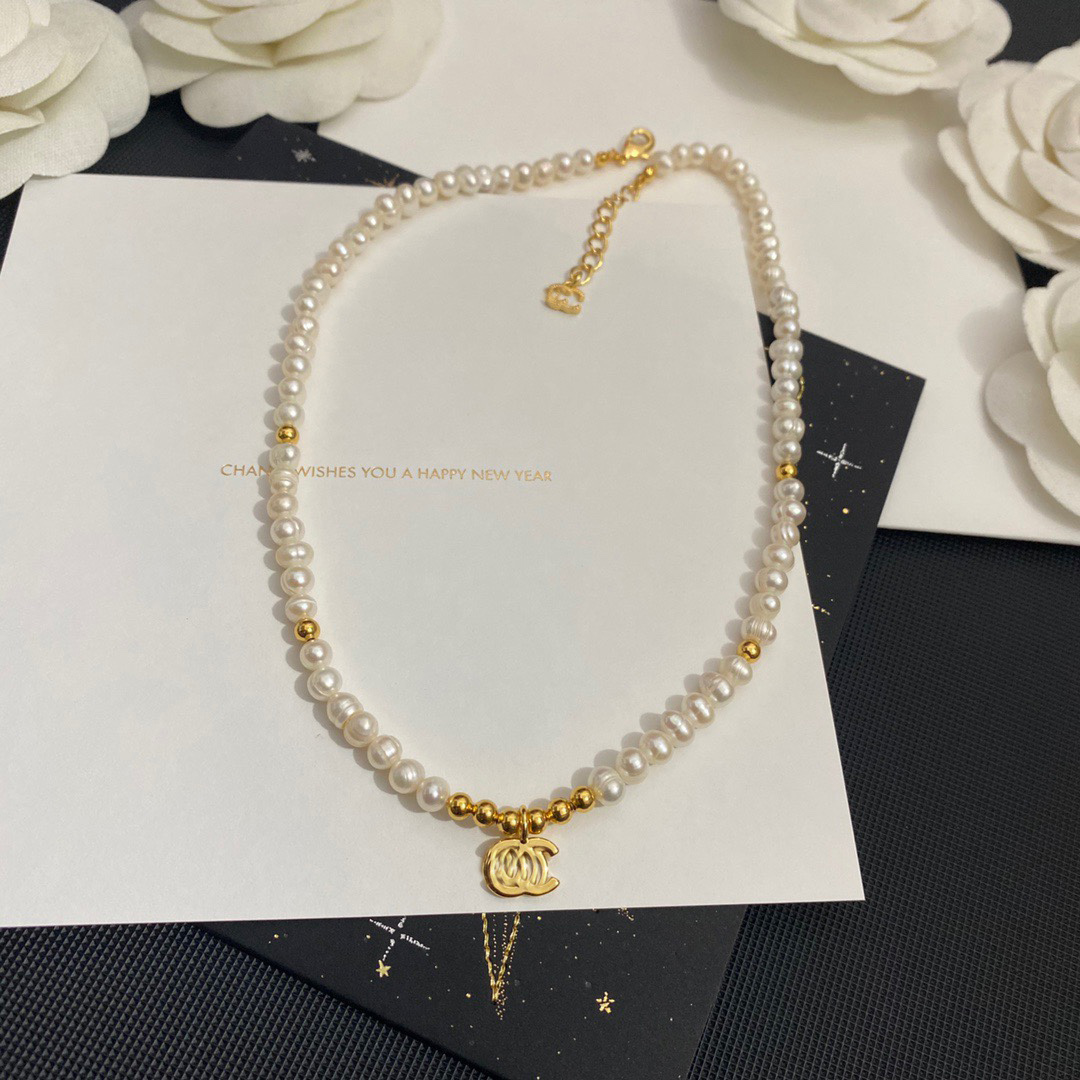 

18K Gold Plated Brass Copper Pendant Necklace Fashion Women Designer Brand C-Letter Pearl Necklaces Choker Chain Crystal With Steel Seal Wedding Jewelry Love Gifts