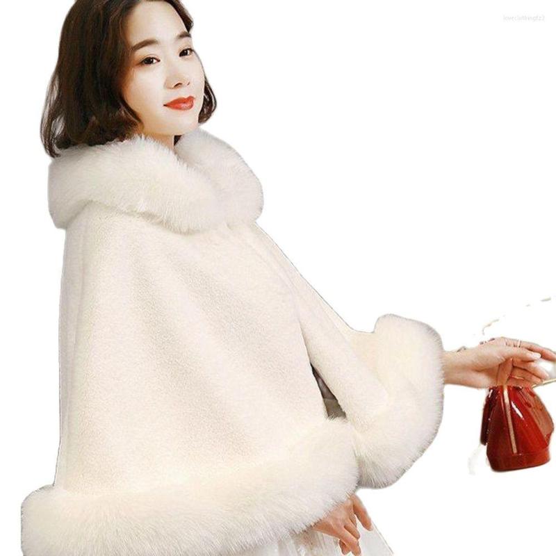 

Women's Fur Women Hood Capes Cloak Winter Thick Warm Hoodie Shawl White Red Black Wedding Dress Bride Cape Ponchos Thicken
