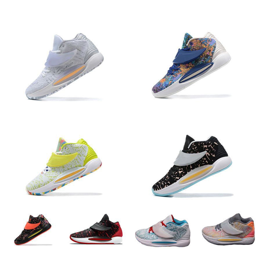 

Mens KD 14 basketball shoes kd14 Aunt Pearl Red Ron English Pink sychedelic Print Black Aqua Fresh Kevin Duarnt 14s sneakers tennis