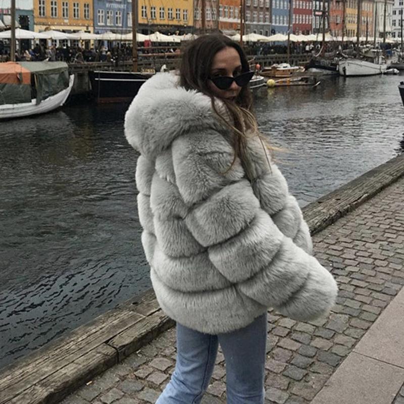 Women Faux Fur 5XL Plus Size Faux Fur Coats Winter Hooded Thick Warm Jacket Coats Fluffy Hoodie Outwear Elegant Overwear