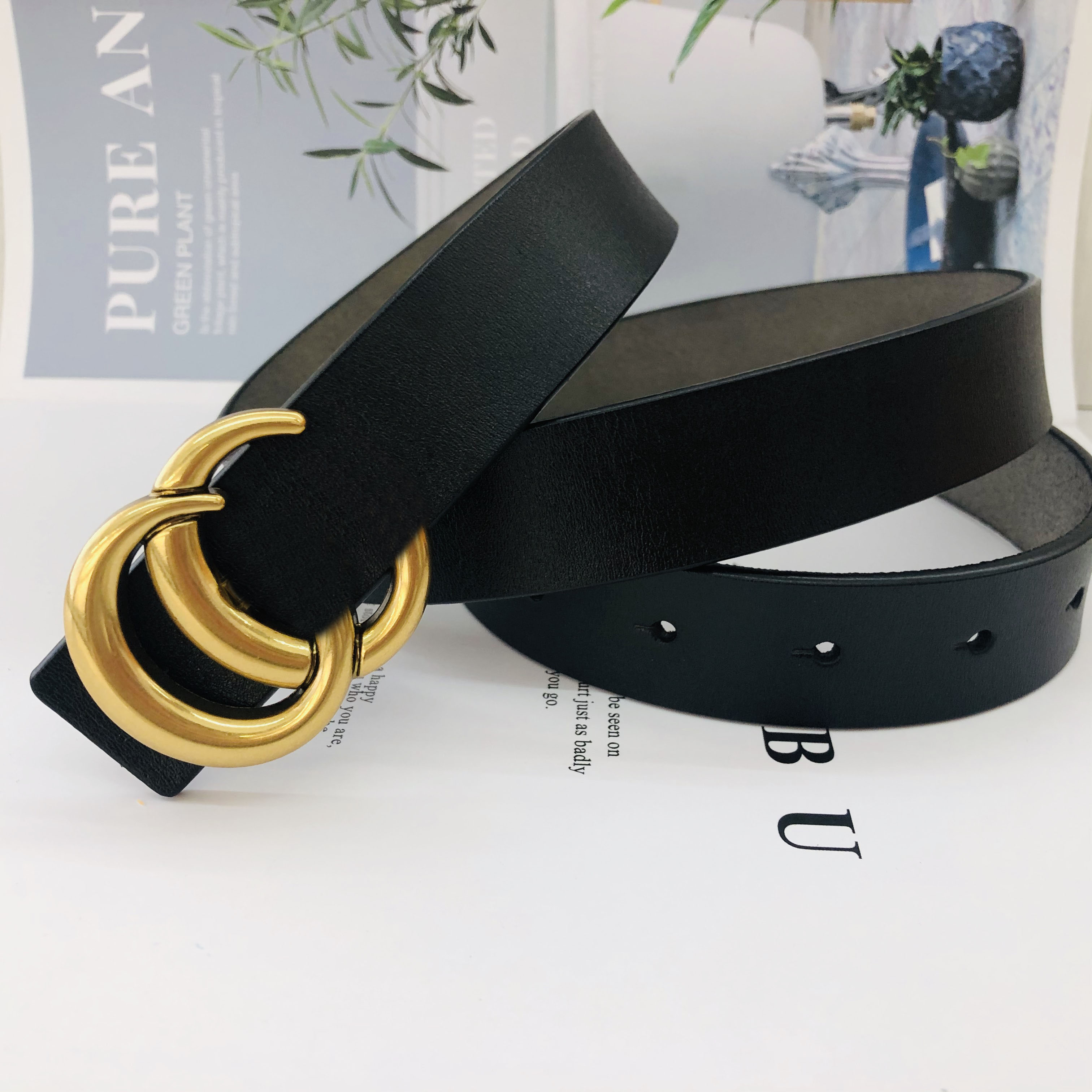 

Luxury fashion designer men's women's belts gold double letter brass gold buckle belt pure leather 3.0cm with box dustproof cloth small card gift rope handbag, Belt+box
