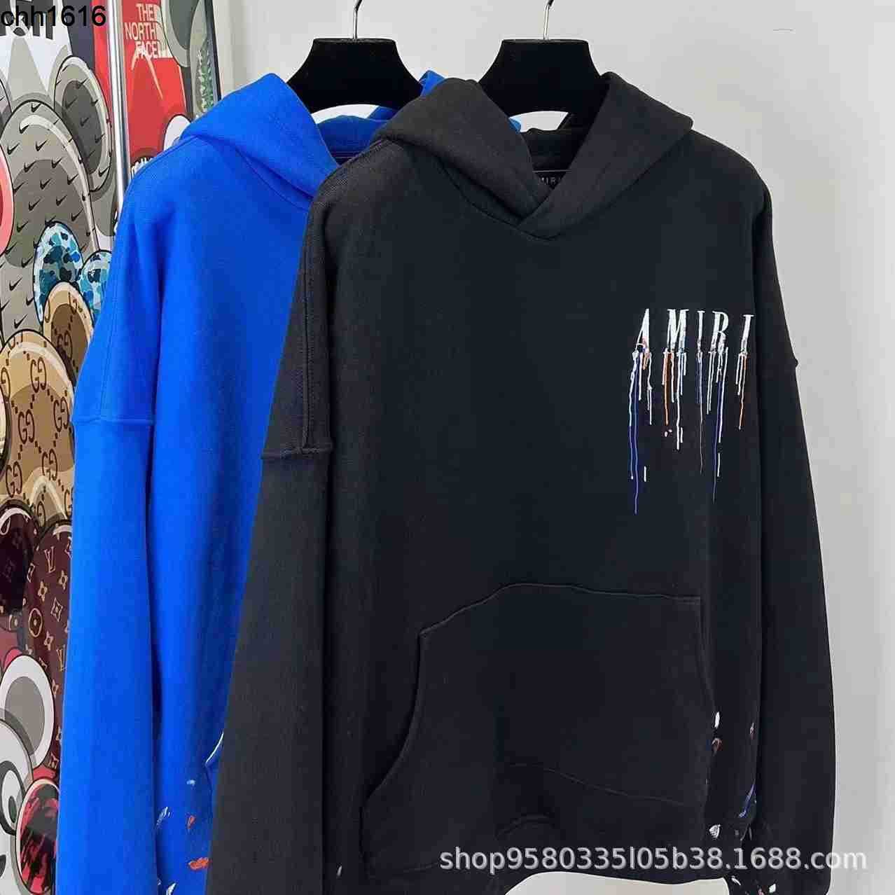 

amirs AW22 Men' Black Paint Speckle Drop Letter Embroidery Sweatshirt Hoodie