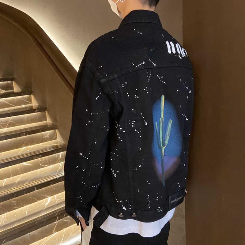 

Mens denim jacket star sky print cardigan coat plam designer jackets men Lapel shirt women hip-hop baseball uniform, Black