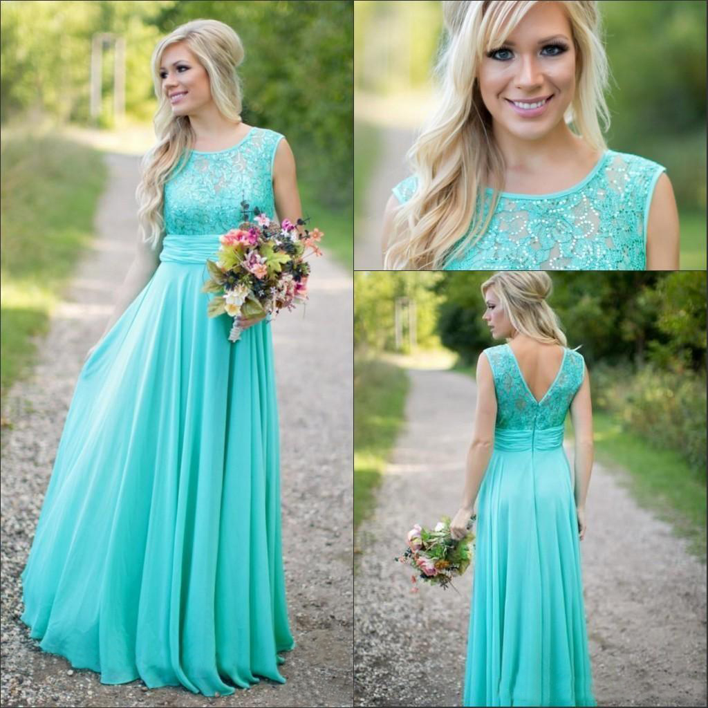 

New Teal Country Bridesmaid Dresses Scoop A Line Chiffon Lace V Backless Long Cheap Bridesmaids Dresses for Wedding