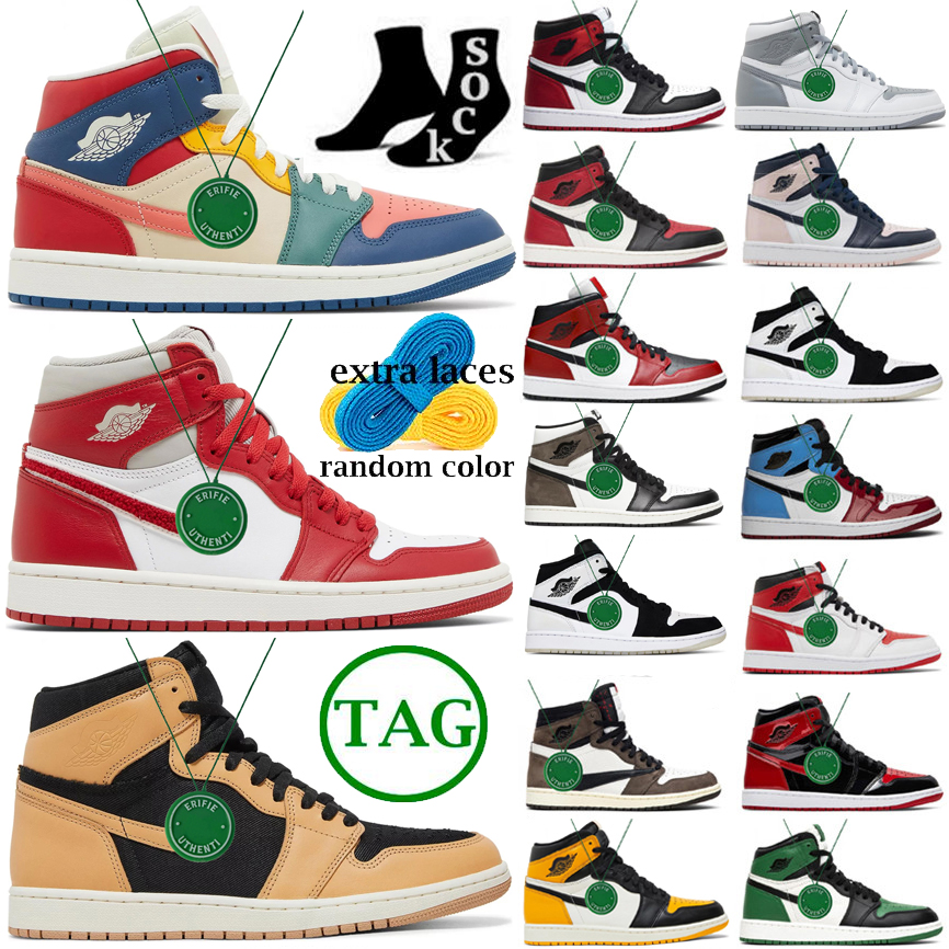 

Jumpman 1 Basketball Shoes Men Women Patent Bred Stage Haze OG UNC Yellow Toe Sneakers Dark Mocha Chicago Royal University Blue Denim sports Sneakers, Color # 16