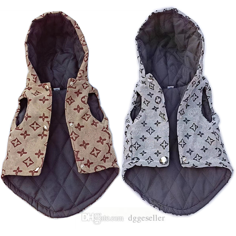

Designer Dog Clothes Classic Lettering Pattern Dog Apparel Windproof Pets Winter Jacket Warm Puppy Vest Cold Weather Pet Hoodie with Cotton Lined for Small Dogs A417, Gray