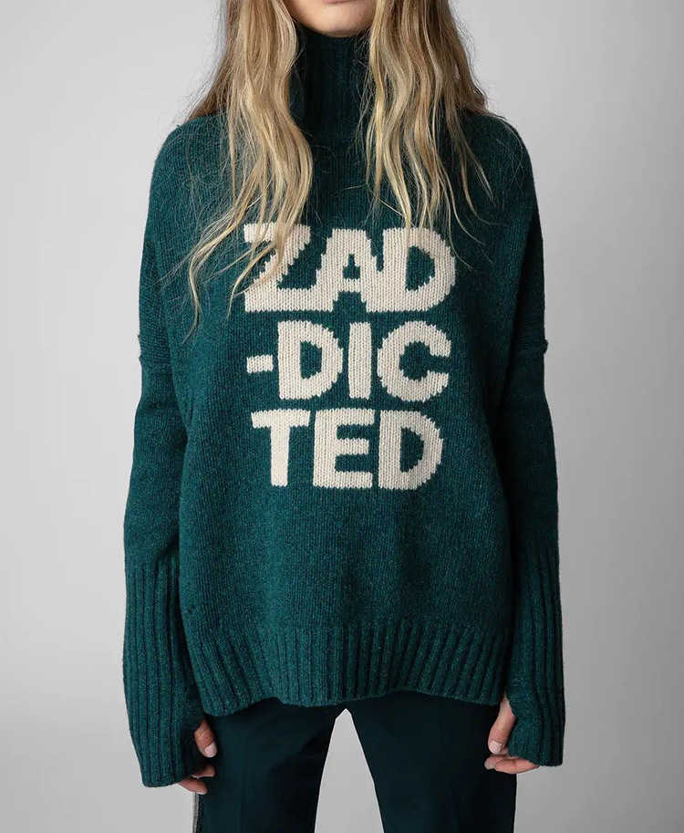 

Turtle Neck Sweater Letter Loose 100% Wool Knits Stand Collar Knitwear Sweaters zadigs Women Designer Hoodie, Malachite green