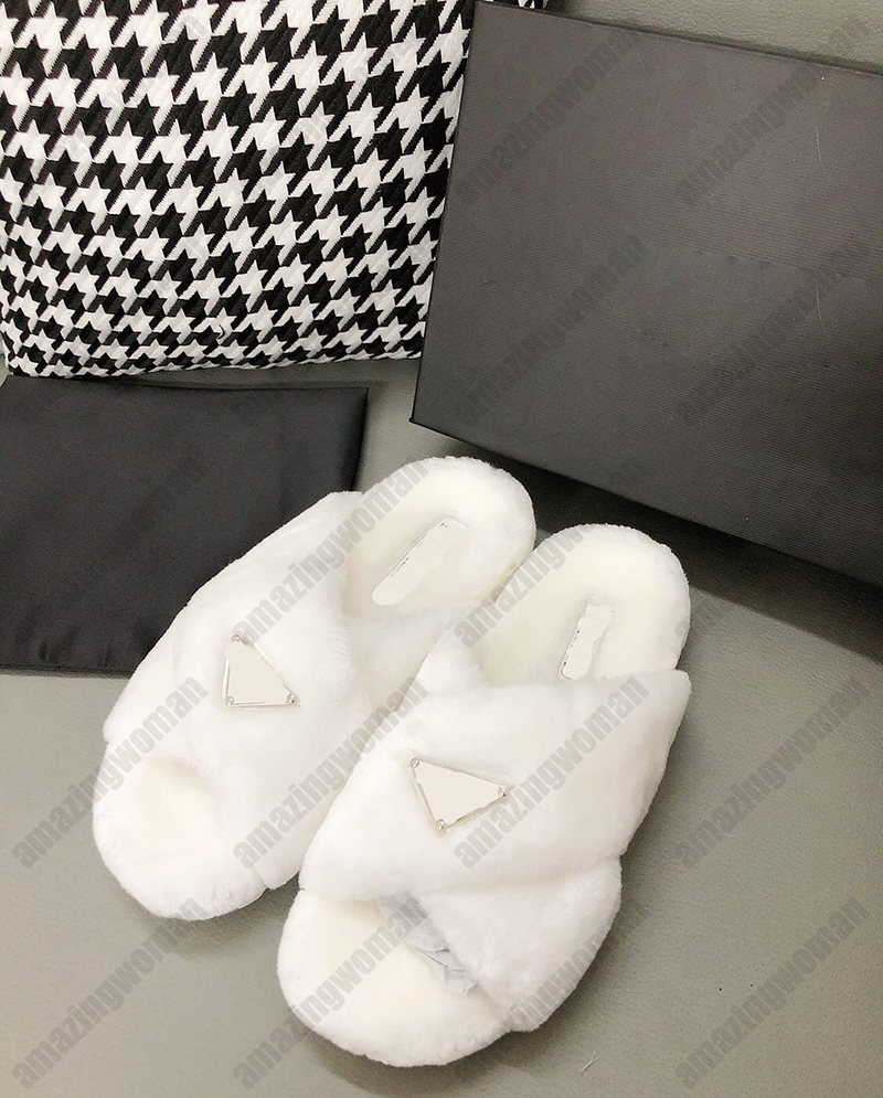 

Women Wool Slippers Solid Color Plush Embroidery P Flip Flop Winter Original Rubber Non-slip Bottom Cloudbust Sheep Leather, White