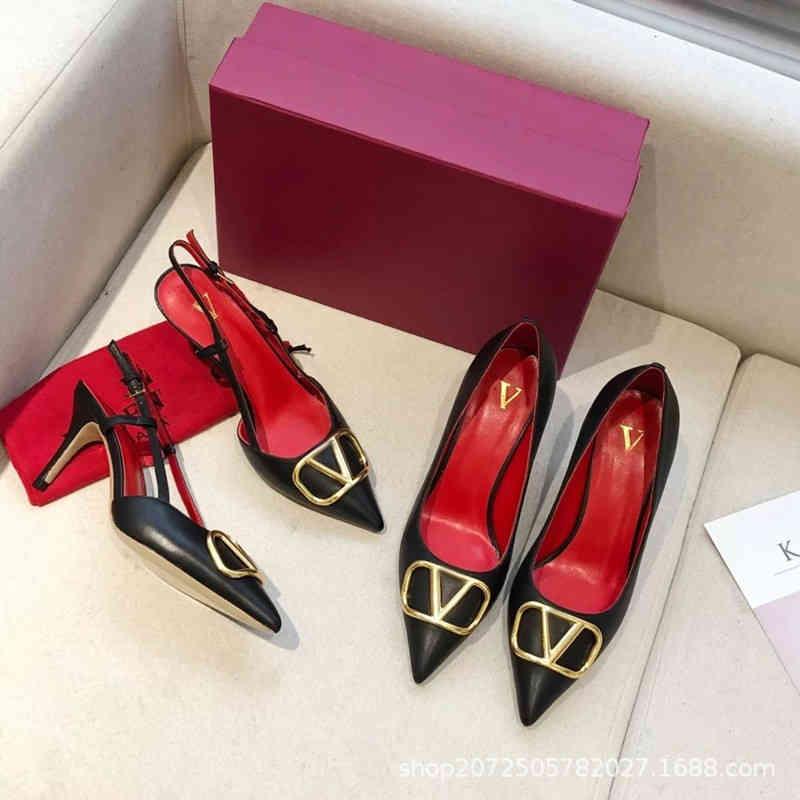 Sandals High Heel Sandals Single Shoes Family Summer Pointed Back Women 'S Metal V-Button Bag Head Diamond Versatile Designer V