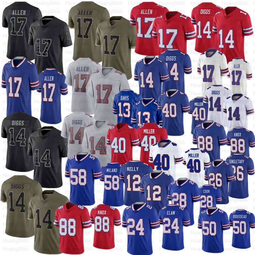 

Men Women Youth Josh Allen Buffalos Jersey Billes Von Miller Stefon Diggs James Cook Gabriel Davis Jim Kelly Dawson Knox Kaiir Elam Devin Singletary Milano