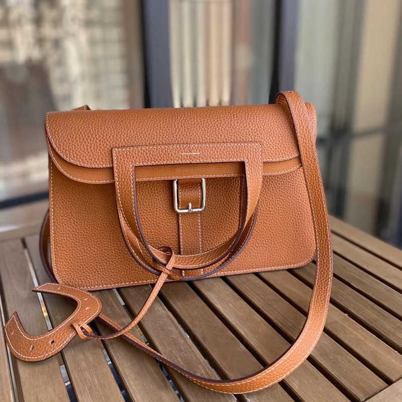 

Low price leather Herme fashion bags Litchi pattern top layer cow horseshoe business commuting white collar hand simple one shoulder briefcase, Caramel brown